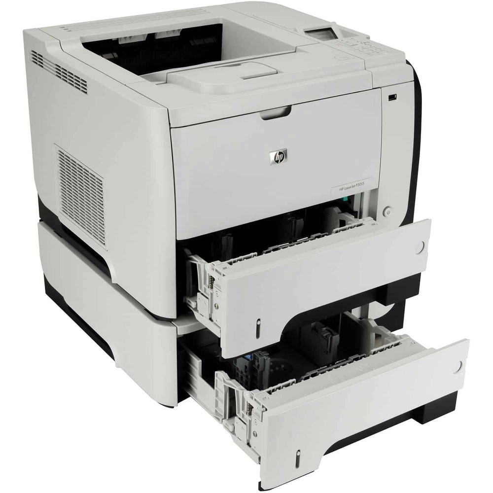 HP LaserJet P3015x A4 network duplex mono laser printer left angle view with trays open