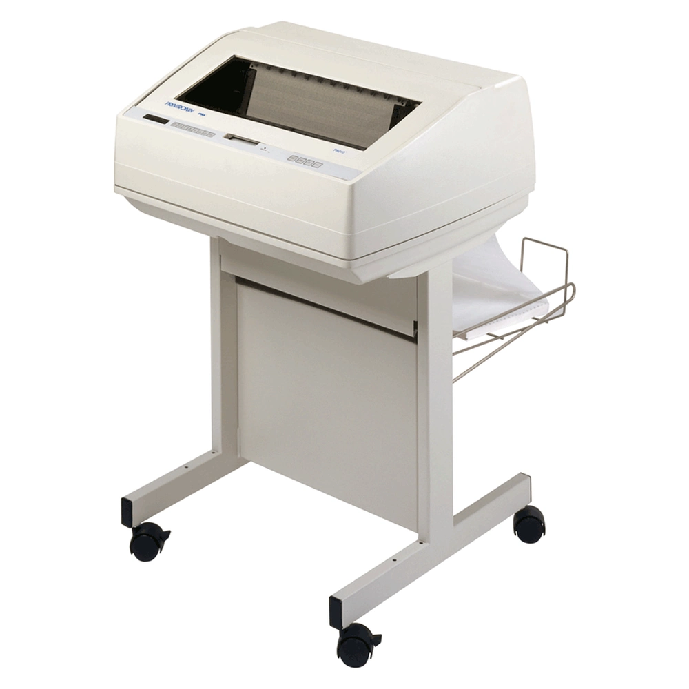 Printronix P5005b line matrix printer on a pedestal stand, side view